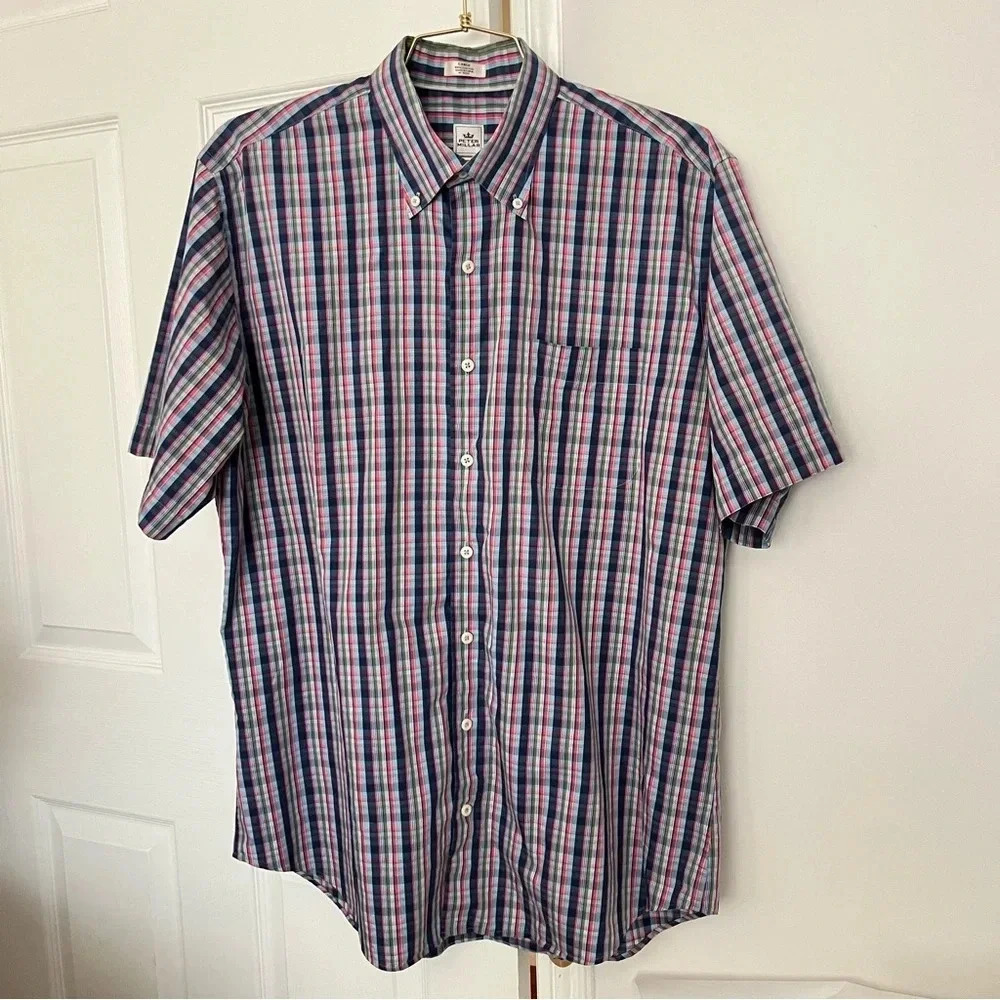 Peter Millar Seaside Shirt Size Large Short Sleeve Button Down Blue Pink Plaid